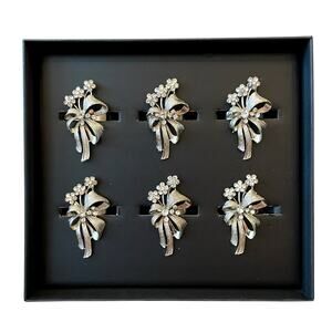 Nicole Miller Rhinestone Bow Napkin Rings Set of 6 Silver Holiday Glam New